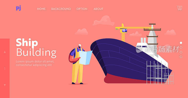 Ship Building and Manufacturing Industry, Shipbuilding Landing Page Template. Engineer Male Character Reading Scheme